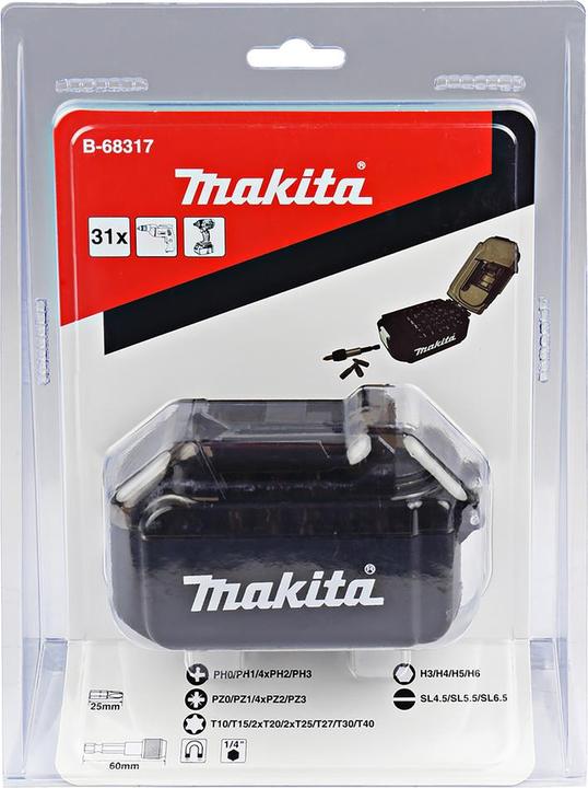 Image du produit Makita Jeu d'embouts (PH, T27, PH2, T40, H6, PZ2, PH1, H3, T10, PH0, SL 1.2 x 6.5, T15, PZ1, T20, SL 0,8 x 5,5, H4, PH3, PZ3, H5, SL 0,6 x 4,5, T25, T30, PZ0)