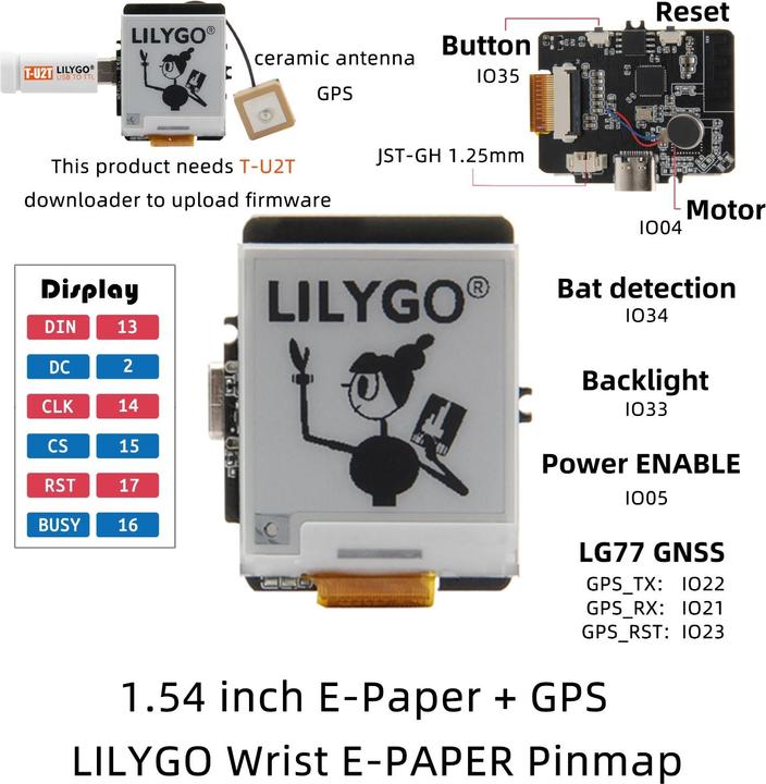 Immagine prodotto Lilygo T-Wrist ESP32+GPS ePaper con display da 1,54 pollici