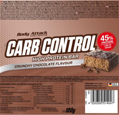 Nährwerte und Zutaten Body Attack Carb Control (15x100g Riegel) (Crunchy Chocolate, 15 Stk., 1500 g)