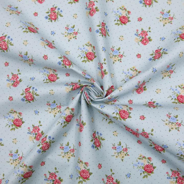 Image du produit Stoffrestposten Coton enduit - Roses romantiques sur bleu clair - minimum de vente : 1 mètre
