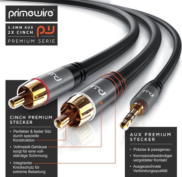 Image du produit Primewire Câble RCA - Câble audio RCA vers jack 3,5mm, RCA, AUX, adaptateur stéréo Hi-Fi multi-blindé (1 m, Jack 3,5 mm (AUX), RCA)