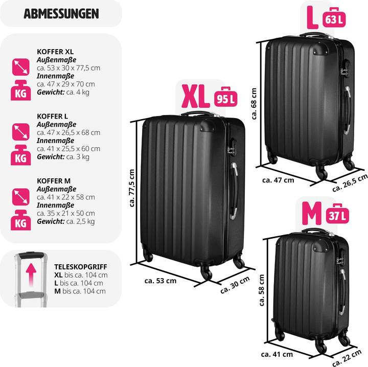 Produktbild tectake Hartschalenkofferset (95 l, M (50 - 90l), L (90 - 115l))