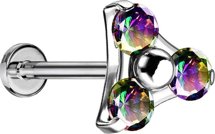 Produktbild Star Piercing Micro Threadless Labret silber Dreieck drei Kristalle dunkel multicolor (ohne Messing, Titan G23)