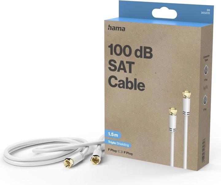 Immagine prodotto Hama Cavo di collegamento SAT, spina F - spina F, placcato oro, 1,5 m, 100 dB, bianco (100 dB, Cavi antenna)