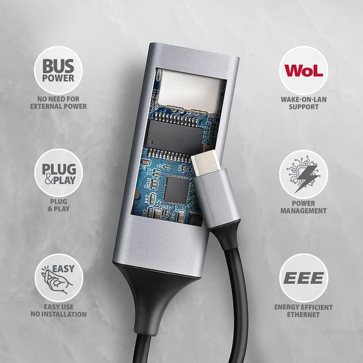 Image du produit Axagon ADE-TXPD, USB-C 3.2 Gen 1 - Gigabit Ethernet síťová karta, Asix AX88179, PD, auto instal (USB-C, RJ45 (1x))