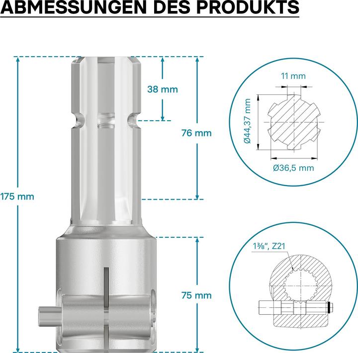 Produktbild Wiltec Zapfwelle 175 mm Buchse Keilwellenaufnahme 1 3/8" Z21 Ausgangswelle 1 3/4" Z6 (Traktorzubehör)