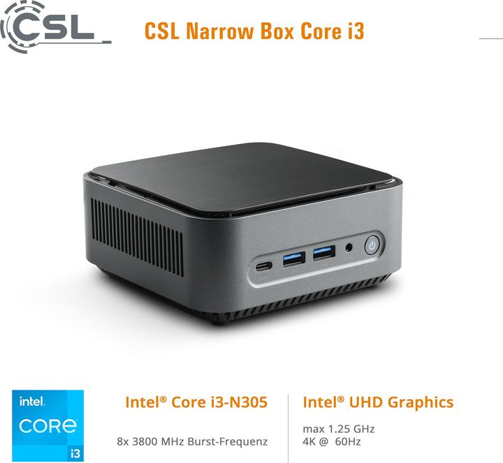 Actual product image CSL Mini PC Narrow Box Core i3 / 32GB / 4000 GB M.2 SSD / Win 11 Pro (Intel Core i3-N305, 32 GB, 4000 GB, Intel UHD Graphics)
