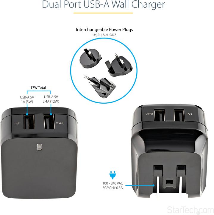 Immagine prodotto StarTech Caricatore USB a 2 porte / Alimentatore - Doppia spina di ricarica 17 Watt / 3,4 Amp - Doppio (17 W)