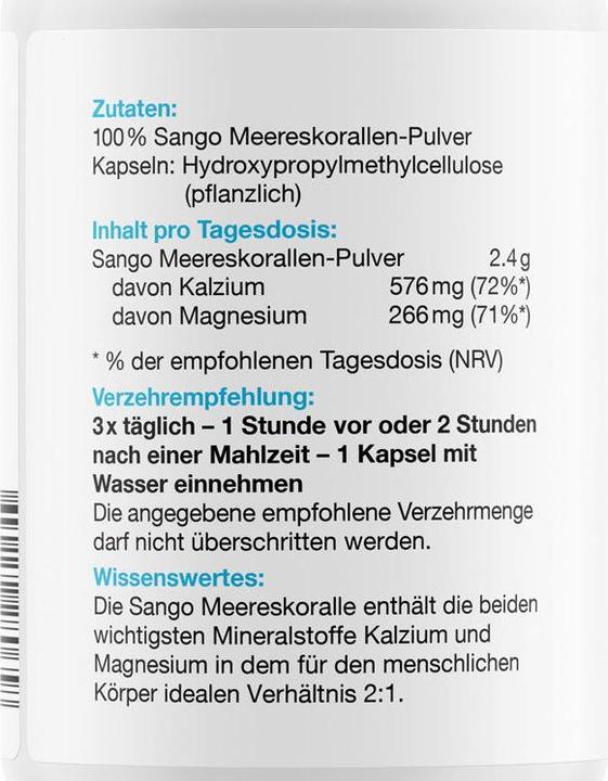Nährwerte und Zutaten Effective Nature Sango Meereskoralle (180 Stück, Kapseln, 161 g)