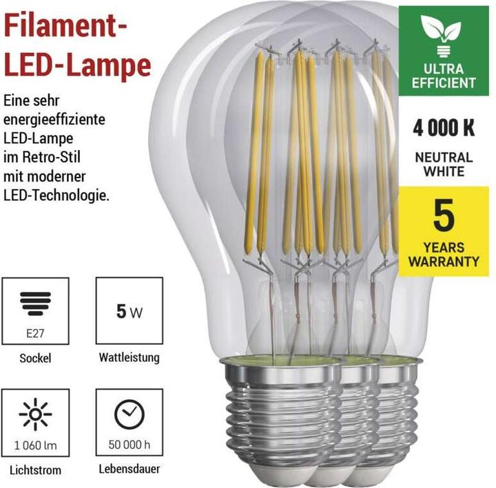 Produktbild Emos LED Lampe Filament A60 / E27 / 5 W (75 W) / 1 060 lm / Neutralweiss (E27, 5 W, 1060 lm, 3 x, A)
