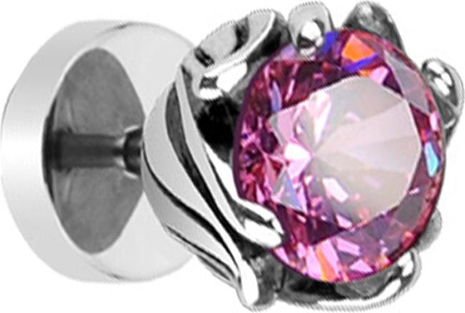 Image du produit Star Piercing Fake Plug silber Tribal Blume mit Kristall pink (sans laiton, Acier chirurgical 316L)