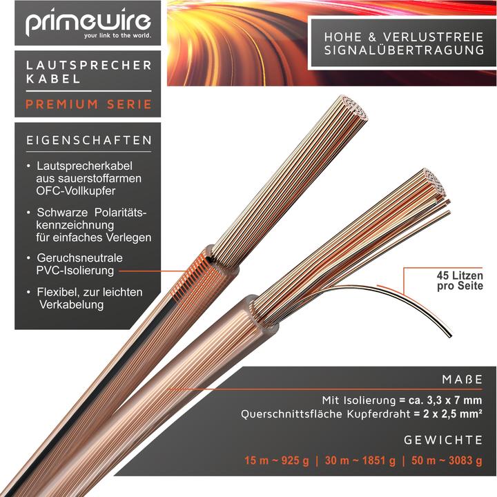 Produktbild Primewire Lautsprecherkabel OFC Kupfer 2 x 2,5 mm² Boxenkabel, Audio Kabel, Speaker Cable, LS Kabel (50 m, 2.50 mm²)