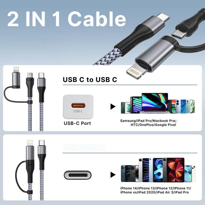 Actual product image PhoneLook Charging cable 2 in 1 (USB-C to USB-C + Lightning) for iPhone 15 and previous models t (1 m)