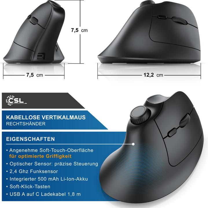 Immagine prodotto CSL Mouse verticale senza fili, radio a 2,4 GHz, 250dpi, mouse wireless ergonomico, contro il braccio (Senza fili)