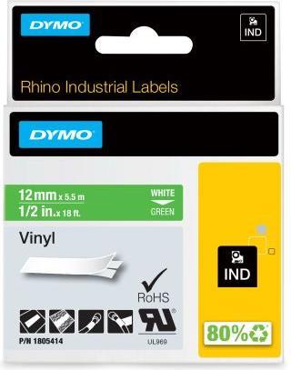 Produktbild Dymo Rhino 12mm weiß auf grün Vinyl (1.20 cm, Grün)