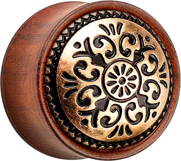 Image du produit Star Piercing Flared Plug en bois de rose motif tribal antique (Laiton, Organique)
