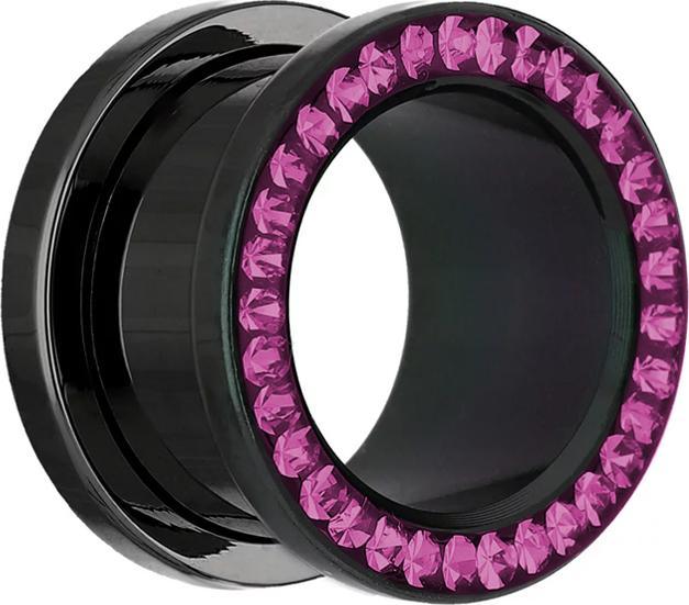 Image du produit Star Piercing Flesh Tunnel noir avec cristal fuchsia et couche de protection en époxy (Acier chirurgical 316L, sans laiton)