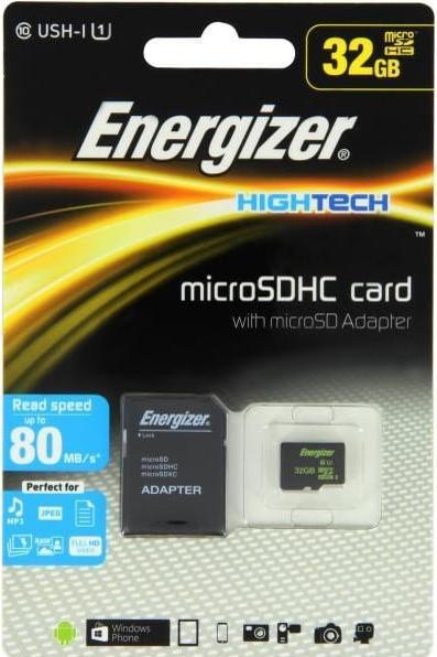 Actual product image Energizer High Tech 32GB Micro SDHC with Adapter Up to 80 MB/sec Up to 20 MB/sec (32 GB, microSDHC)