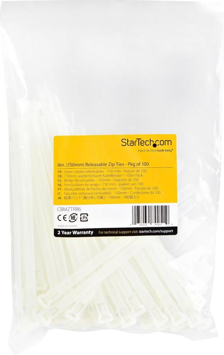 Produktbild StarTech 15cm(6") Reusable Cable Ties, 7mm(1/4") wide, 35mm(1-3/8") Bundle Dia. 22kg(50lb (Kunststoffkabelbinder, 150 mm, 100 Stk.)