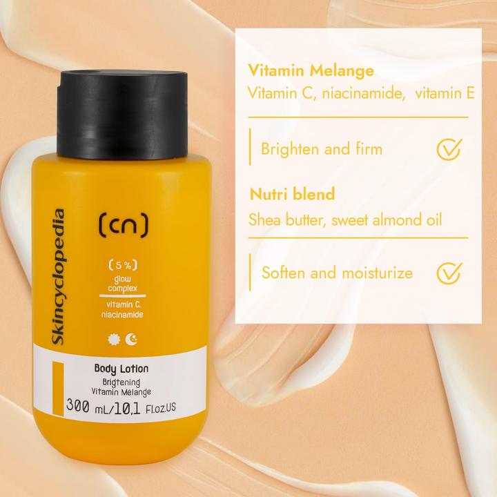 Immagine prodotto Skincyclopedia 5% Vitamin C Body Lotion con Niacinamide, Vitamina E, Burro di Karité e Olio di Mandorle 300ml (Lozione corpo, 300 ml)