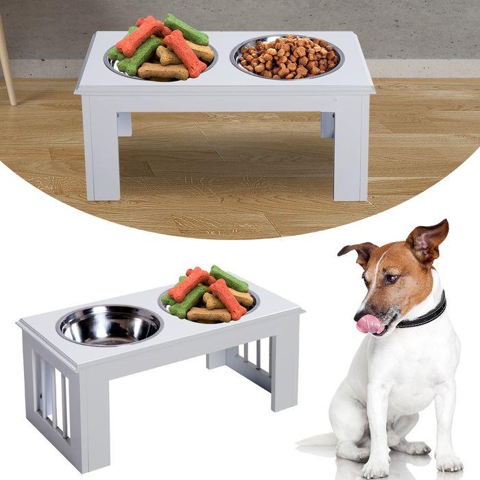 Produktbild Swisshandel24 Erhöhter Hundenapf, Futternapf, Edelstahlnäpfen, Haustier Fressnapf, MDF, Weiss, 58,4 x 30,5 x 25,4 (2 l)