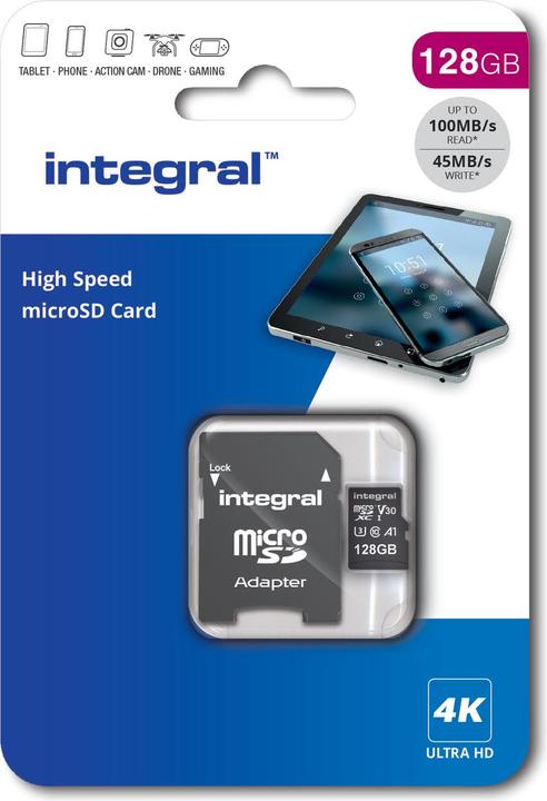 Produktbild INMSDX128G-100V30 128GB MICRO SD CARD MICROSDXC UHS-1 U3 CL10 V30 A1 UP TO 100MBS READ 45MBS WRITE (128 GB, microSD, U3, UHS-I)