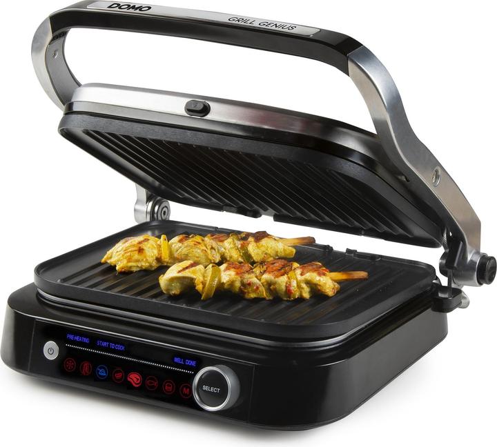 Domo Genius Elektro Kontaktgrill Antihaftbeschichtung, mit Display Edelstahl, Schwarz (EU-Stecker)