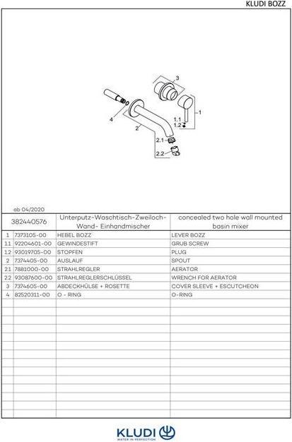 Actual product image Kludi BOZZ concealed two hole wall mounted basin mixer, spout 18 cm
