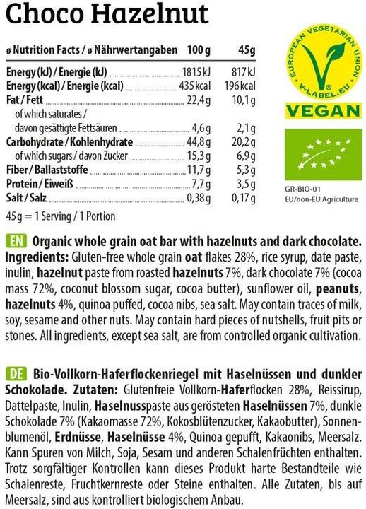 Nährwerte und Zutaten HEJ Nutrition Hej Oat (bio) (12 x 45G) (Schokolade, Haselnuss, 12 Stk., 540 g)