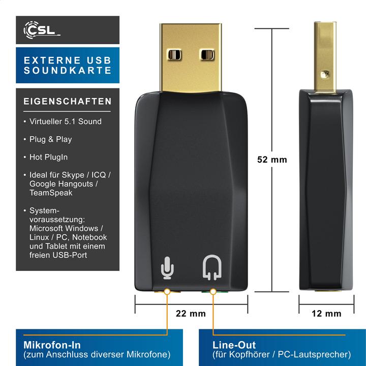 Image du produit CSL Carte son USB 5.1 canaux, Externe, 5.1 Virtual Surround, Connecteurs Line-Out & Microphone-In, noir (USB 2.0)