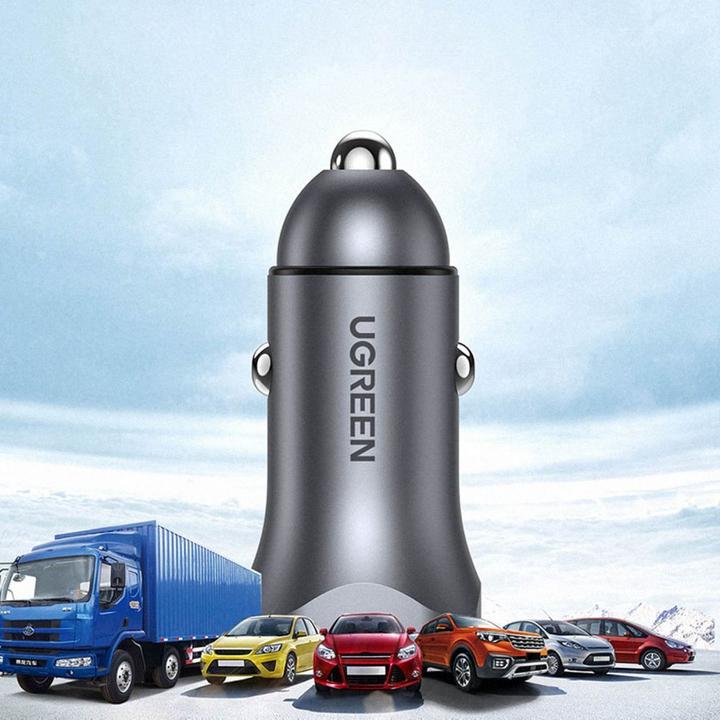 Actual product image Ugreen CD130 Car Charger, USB-A+PD 3.0, USB-C, QC3.0 30W (Grey)