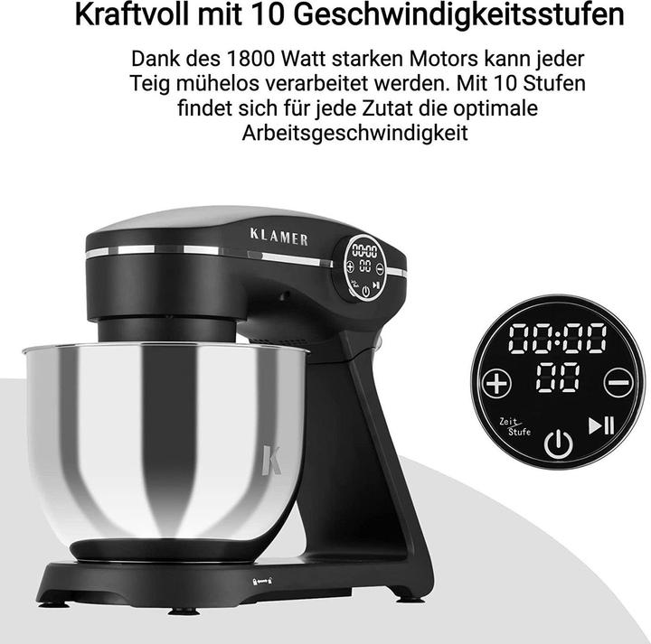Produktbild KLAMER Küchenmaschine, Knetmaschine mit 6 Liter Edelstahl Schüssel (1800 W)