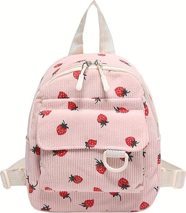 Image du produit Only-Bags.Store Niedliche Erdbeere Druck Samt Mini Rucksack, leichtes Polyester mit verstellbaren Riemen
