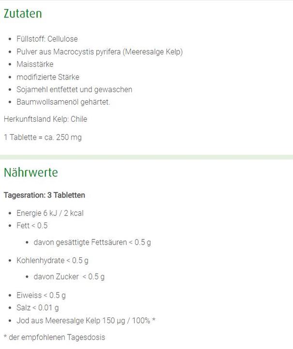 Nährwerte und Zutaten A. Vogel Kelp - Jod (1 Stück, Tabletten, 85 g)