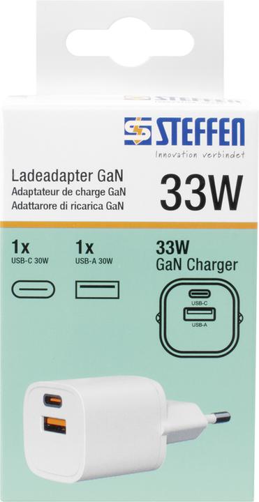 Produktbild Steffen Ladeadapter GaN 33W PD 1xUSB-A + 1xUSB-C max. 3.6A ws (USB-A, USB-C, 1 x)
