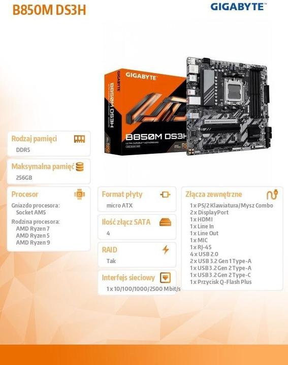 Actual product image Gigabyte B850M DS3H (AM5, AMD B850, mATX)
