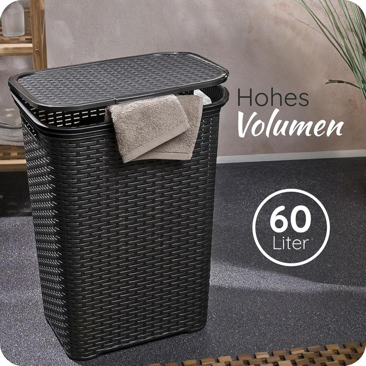Immagine prodotto Novaliv Rattan Wäschekorb mit Deckel 60L Schwarz, Wäschebox Wäscheeimer Wäschebehälter modern für Ba (60 l)