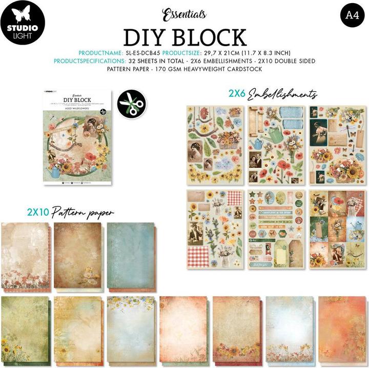 Image du produit art by marlene Bloc de papier DIY "Aged Wildflowers" 32 feuilles A4 Essentials