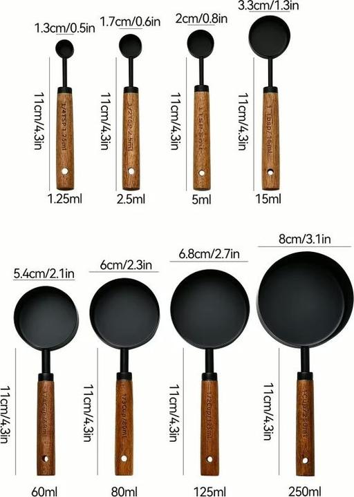 Produktbild Homerely 8 Teiliges Edelstahl Messbecher und Messlöffel mit Holzgriff Set Schwarz