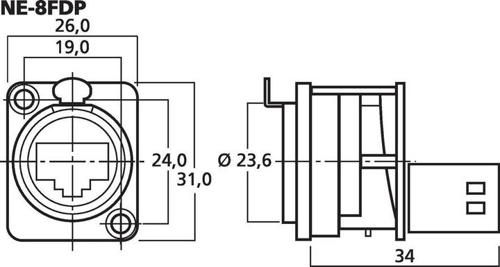 Actual product image Neutrik - Ethercon - Metal Chassis Housing With Rear-Mounted Standard Rj45 (S/FTP, CAT5e, 0.17 m)