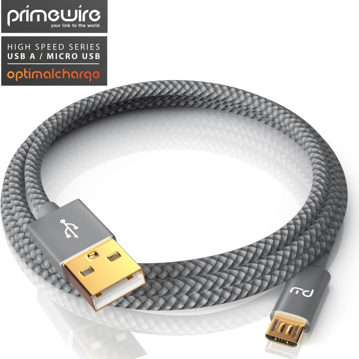 Image du produit Primewire Micro USB Cable - 2.4A MicroUSB Fast Charging Cable, Nylon, Metal Plug, Data Cable Charging Cable (3 m, USB 2.0)
