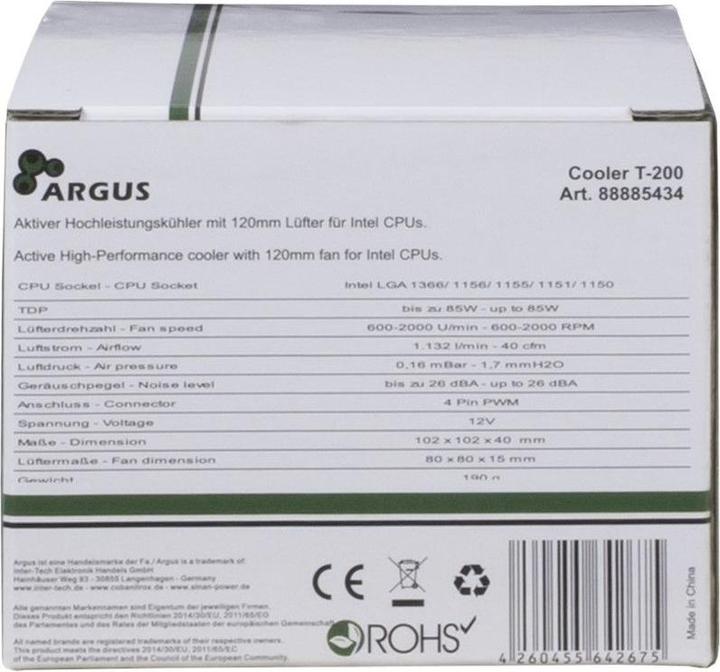 Actual product image Intertech Argus T-200 Active all-in-one CPU cooler for almost all common processors and a TDP with up to 85W (80 mm)