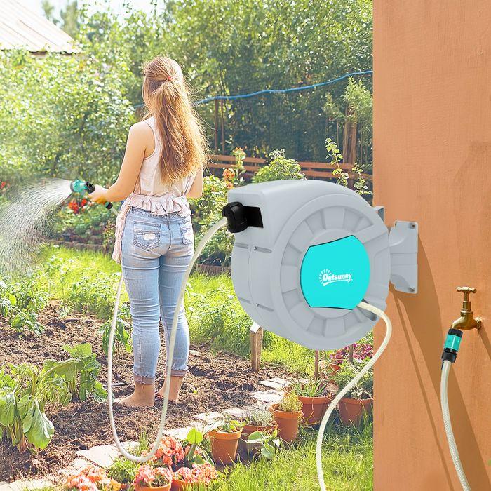 Actual product image Swisshandel24 Schlauchtrommel mit Gartenschlauch 25m, Wandmontage, automatische Aufrollung, Handbrause, Grün+Grau (25 m)