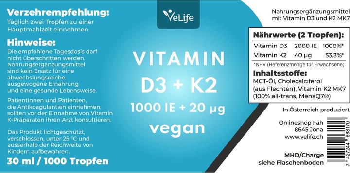 Nährwerte und Zutaten VeLife D3 K2 vegan Tropfen (1 Stück, Tropfen, 83 g)