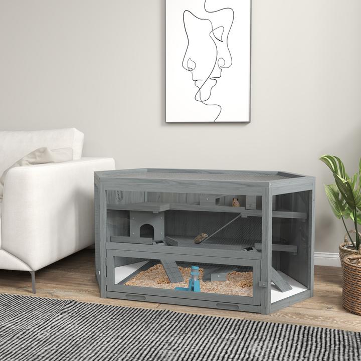 Actual product image PawHut Hamsterkäfig Tannenholz, PS-Plexiglas Grau