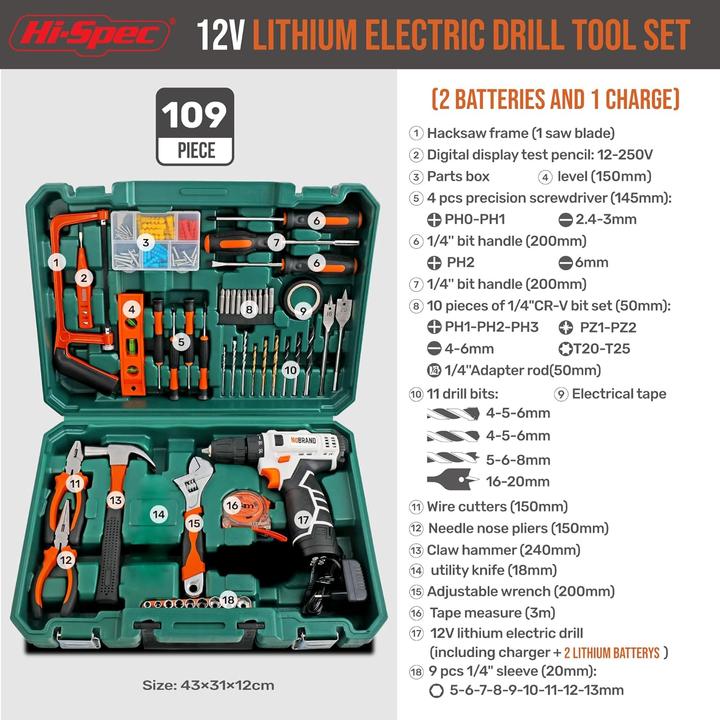Produktbild HI 109-teiliger Werkzeugkoffer mit Akkuschrauber (109 Teile)