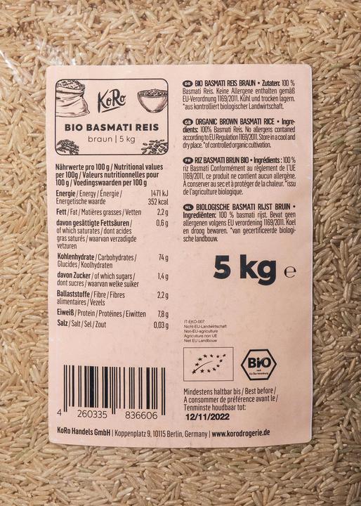 Valeurs nutritives et ingrédients KoRo Riz basmati (5000 g)