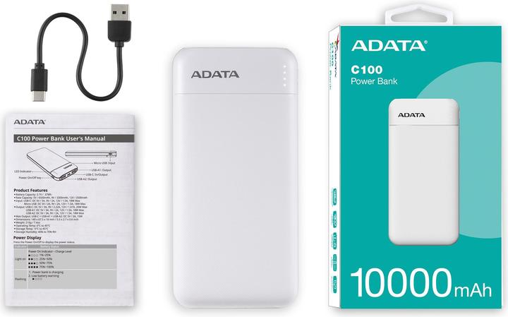Image du produit Adata POWER BANK USB 10000MAH BLANC/PC100-14WH (10000 mAh, 20 W, 37 Wh)