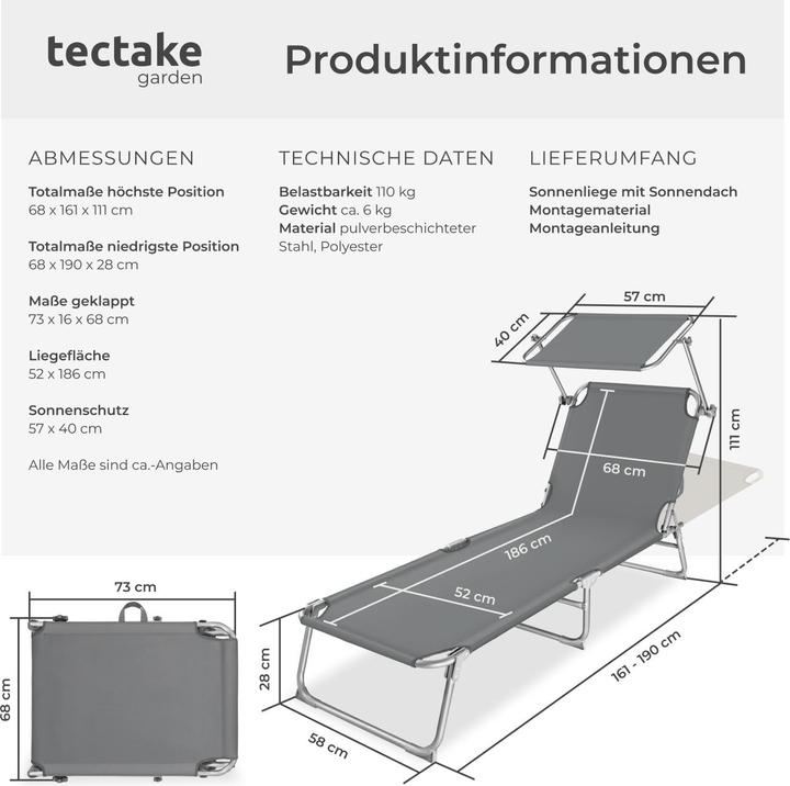 Actual product image tectake Sun lounger with sun shade (190 cm)