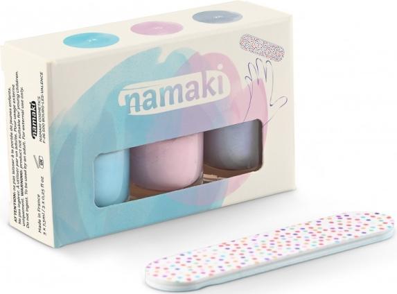 Namaki Set 3 wasserbasierende, abziehbare Nagellacke Frosted Blue Pale Pink Blue Silver mit gratis Nail Fi (Frosted Blue Pale Pink - Blue Silver, Gel-Effekt Nagellack)